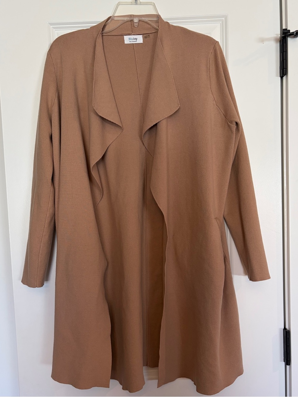 Bluivy Camel Draped Open-Front Long Cardigan